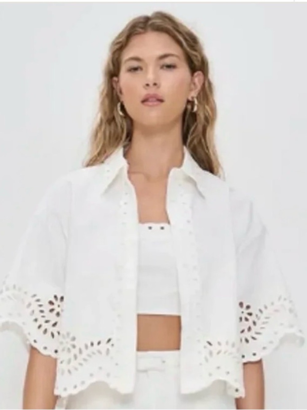 Endless Rose White Eyelet Cropped Button-Front Blouse